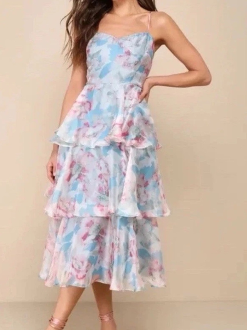 NWT Lulus Darling Aesthetic Blue Floral Tiered Ruffle Midi Dress Sz L